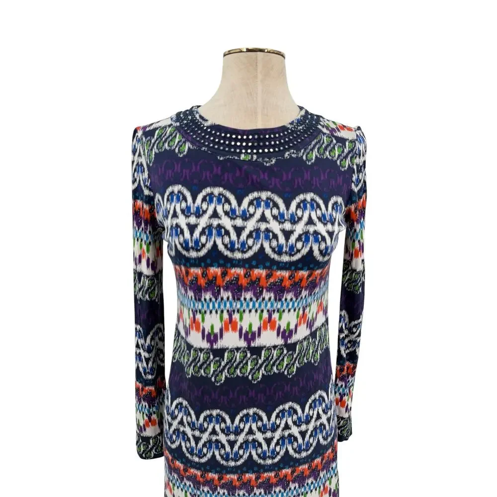 Tory Burch Silk Shift Dress Embellished Geometric Print Studded Neck XS